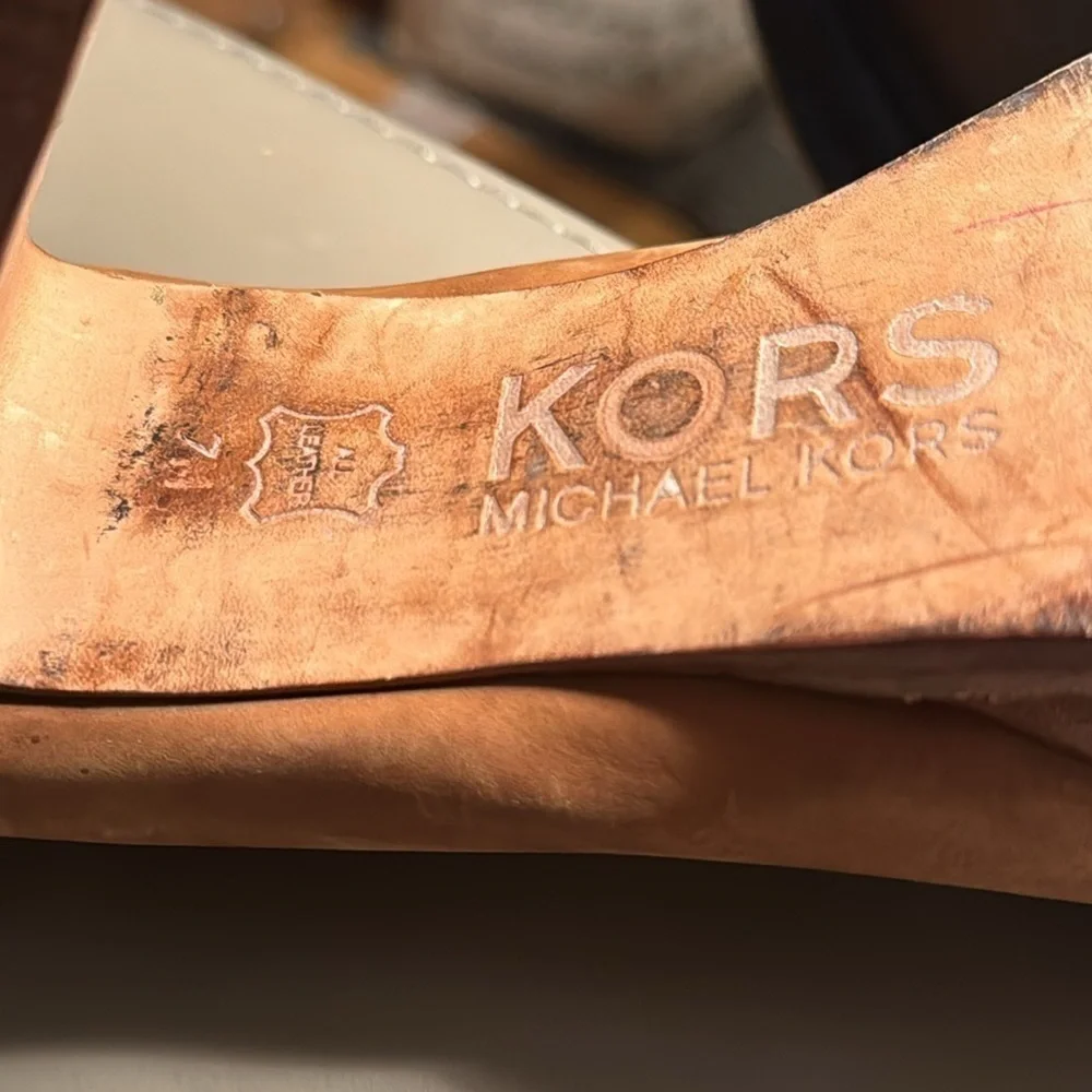 KORS Michael Kors vintage brown bacheta leather crossed open‎ toe platform heels